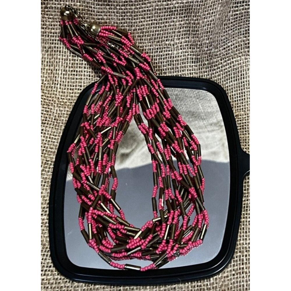 Beaded 13 Strand Necklace Pink & Gold with Clasp 20" long Jewelry Accessories